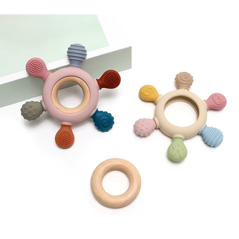 Baby Silicone Teether Rudder Shape Wooden Ring